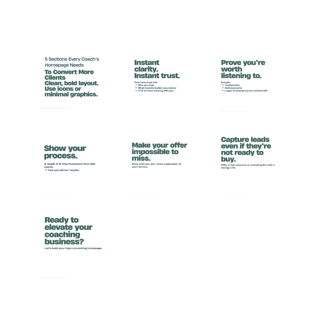SIstiak87042's tweet image. Your homepage is either converting clients—or losing them.
These 5 sections turn browsers into buyers.👇
#webdesign #coachingbusiness #conversiontips #marketingstrategy #homepageessentials #brandclarity #uxdesign #smallbiztips #digitalmarketing #entrepreneurship