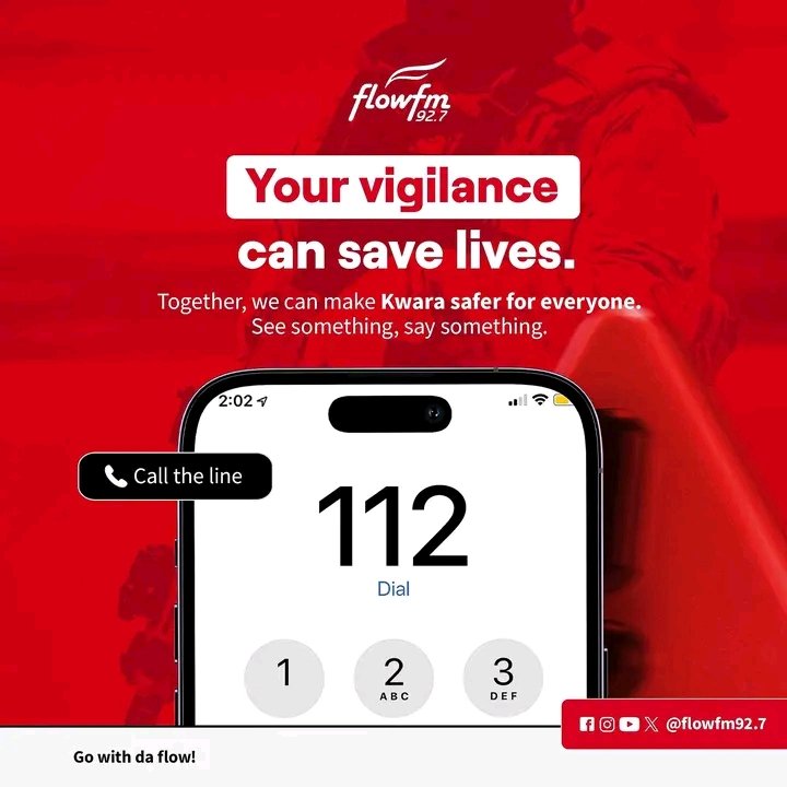 It's a period of vigilance.  Across the state. 

If you see something, please say something.  

Call 112 to report any strange movement around you.  

Let's secure Kwara together.

#FlowFm927
<a href="/flowfm927/">Flow FM 92.7</a>