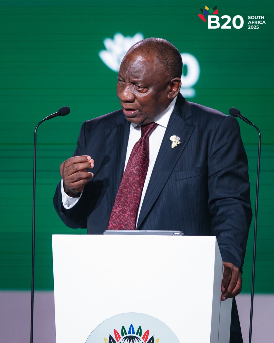 b20's tweet photo. At the #B20SouthAfrica Summit, H.E. President @CyrilRamaphosa delivers the Presidential Address, highlighting progress made, new investments unlocked, and Africa’s growing role in global cooperation.​

#B20Summit #LedFromAfrica #SharedWithTheWorld https://t.co/Obuxgm8NoJ