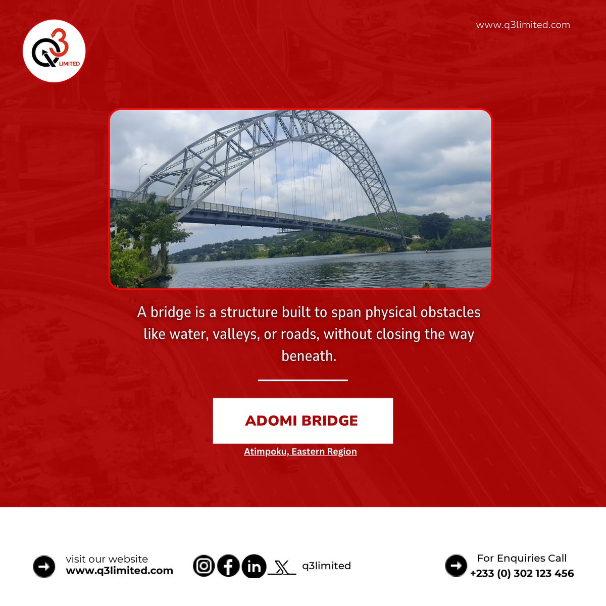 Q3CompanyLtd's tweet image. What is a bridge?#ModernStructures #InfrastructureDevelopment #engineeringinafrica 
#facts #q3ltd