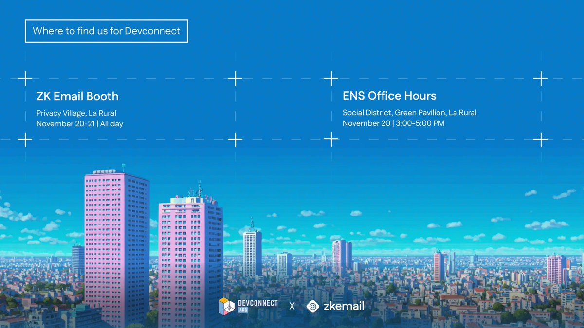 zkemail's tweet image. ✨ Find our team at Devconnect! ✨

We&apos;ll be at the Privacy Village and the ENS Office Hours today.

ZK Email Booth: Privacy Village, La Rural | Nov 20-21 | All day

ENS Office Hours: Social District, Green Pavilion, La Rural | Nov 20 | 3-5 PM

Stop by to learn about ZK proofs…