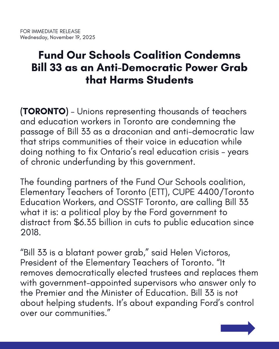 ElemTeachersTO's tweet image. The @fundschoolson Coalition Condemns #Bill33 as an Anti-Democratic Power Grab that Harms Students