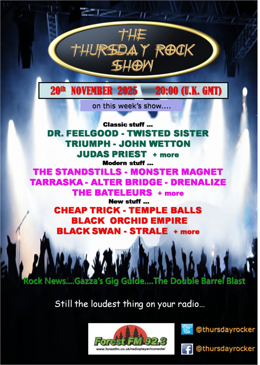Announced! <a href="/thursdayrocker/">Thursday Rockshow</a> #radioshow <a href="/ForestFMRadio/">ForestFM</a> today 8pm (UK) stream forestfm.co.uk/radioplayer/co… + <a href="/templeballsfin/">Temple Balls</a> <a href="/cheaptrick/">Cheap Trick</a> <a href="/orchidempire/">Black Orchid Empire</a> <a href="/alterbridge/">Alter Bridge</a> <a href="/TBateleurs/">The Bateleurs</a> <a href="/tarraskamusic/">Tarraska</a> <a href="/TheStandstills/">The Standstills</a> <a href="/Drenalize/">Drenalize Official</a> <a href="/monstermagnetnj/">Monster Magnet</a> <a href="/officialjwetton/">John Wetton Legacy - Remembering Wetton</a> <a href="/TwistedSisterNY/">Twisted Sister</a> <a href="/judaspriest/">Judas Priest</a> +more!