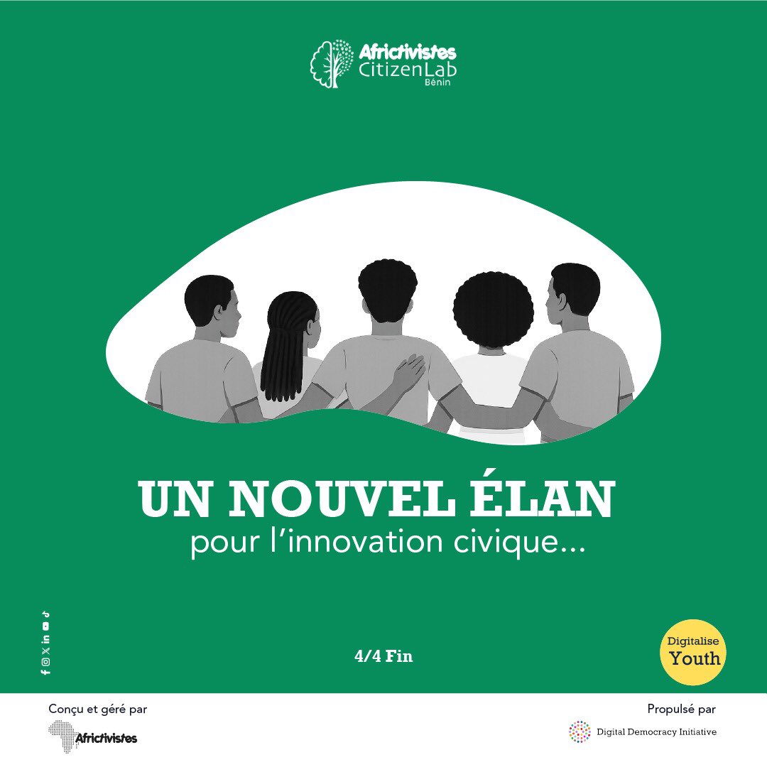 AFRICTIVISTES CITIZENLAB BÉNIN — LA MARCHE CONTINUE !!!

Ensemble avec vous… pour l’innovation civique et numérique !

Nous continuons d’écrire l’histoire !

<a href="/AFRICTIVISTES/">AfricTivistes</a> 

#ACLB #CitizenLab #AfricTivistes #AfricaLab 
#DigitalDemocracyInitiative