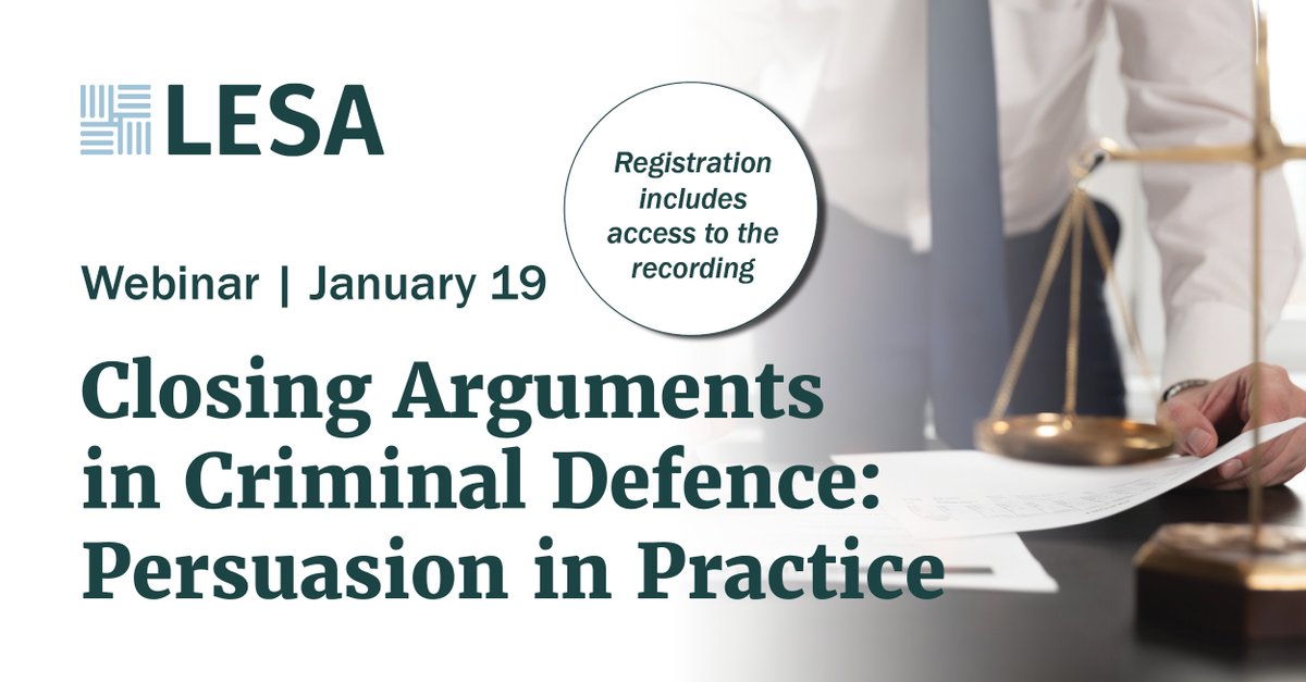 lesaonline's tweet image. Watch together as a group from one location, at one time and save!

The &apos;Closing Arguments in Criminal Defence: Persuasion in Practice&apos; webinar offers firm broadcast options. Visit the event page for pricing: lesaonline.org/program/closin…