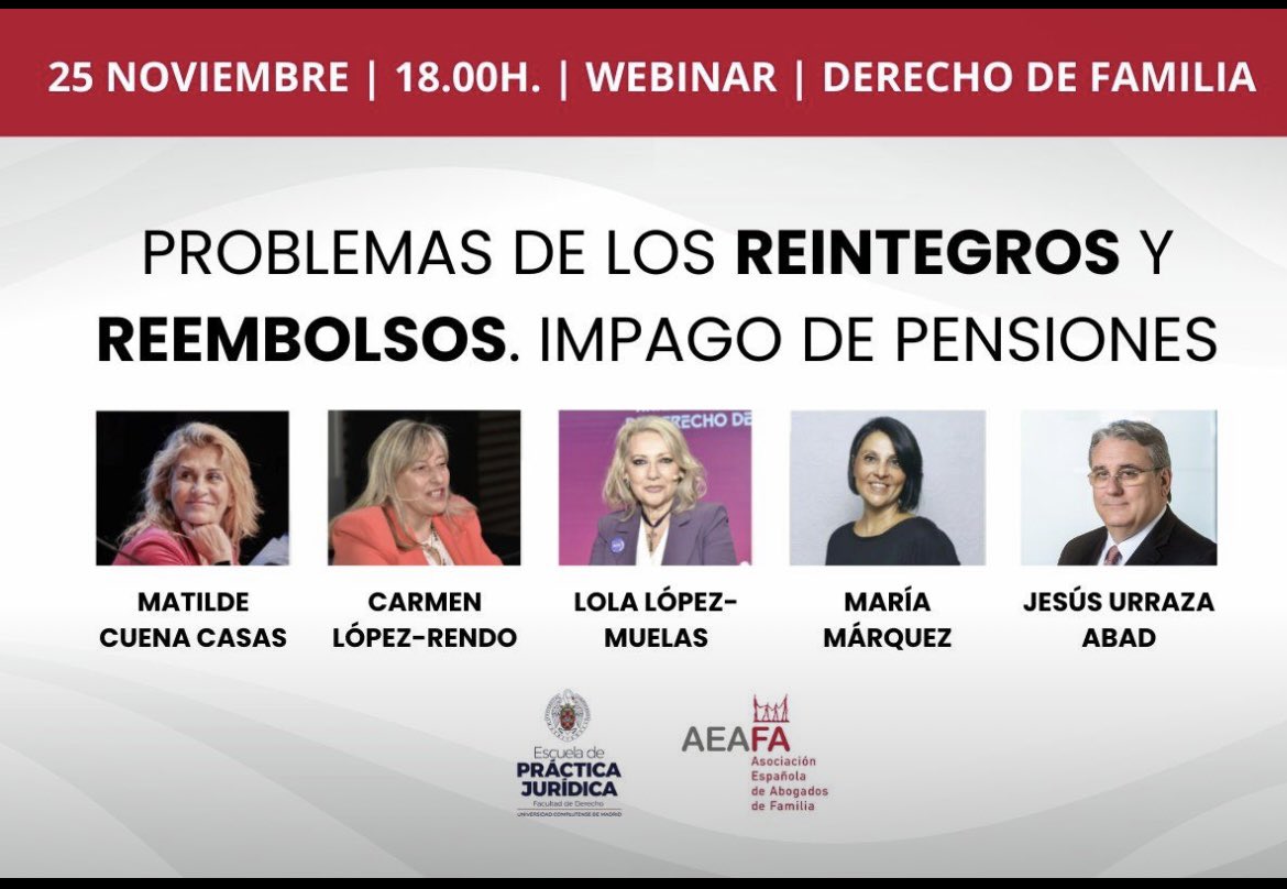 mcuenaca's tweet image. Próxima webinar sobre los problemas que plantean los reintegros y reembolsos en liquidación de régimen económico matrimonial. 25 de noviembre. 18.00 y presentaremos la sexta edición del Curso de alta especialización en Derecho de familia epj.es/oferta-formati…