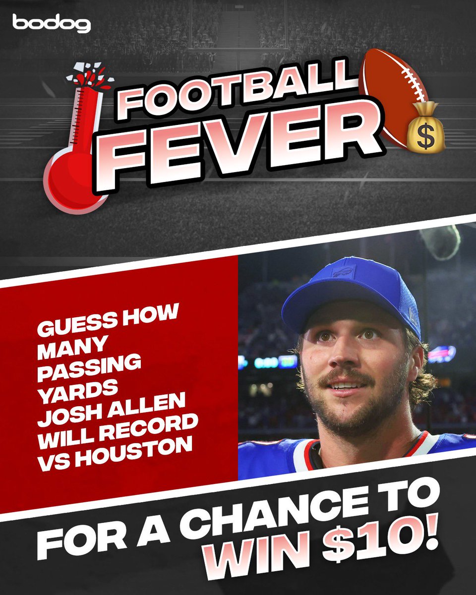 Ozoon_CA's tweet photo. 🏈 BODOG PRESENTS: NFL FOOTBALL FEVER! 🌡️
To enter:
• Follow @BodogCA
• 🔁 and reply with how many passing yards you think Josh Allen will have against the Texans tonight!
We’ll pick a lucky winner!
If no one guesses correct, the pot will grow by $10 🤑
#HOUvsBUF ➡️ https://t.co/AwKsHB1G9W
#FootballFever #BodogBonus
*Must enter before end of 1st quarter, be 🇨🇦 and 18+ All terms and conditions can be found here: https://t.co/whI6qS6bzP