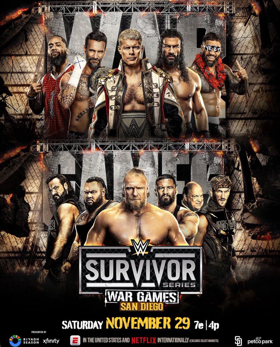 WrestleOps's tweet image. The 2025 Men’s WarGames Match is officially complete for Survivor Series.

Cody Rhodes, CM Punk, Jey Uso, Jimmy Uso, and Roman Reigns vs. Bron Breakker, Bronson Reed, Logan Paul, Drew McIntyre, and Brock Lesnar.