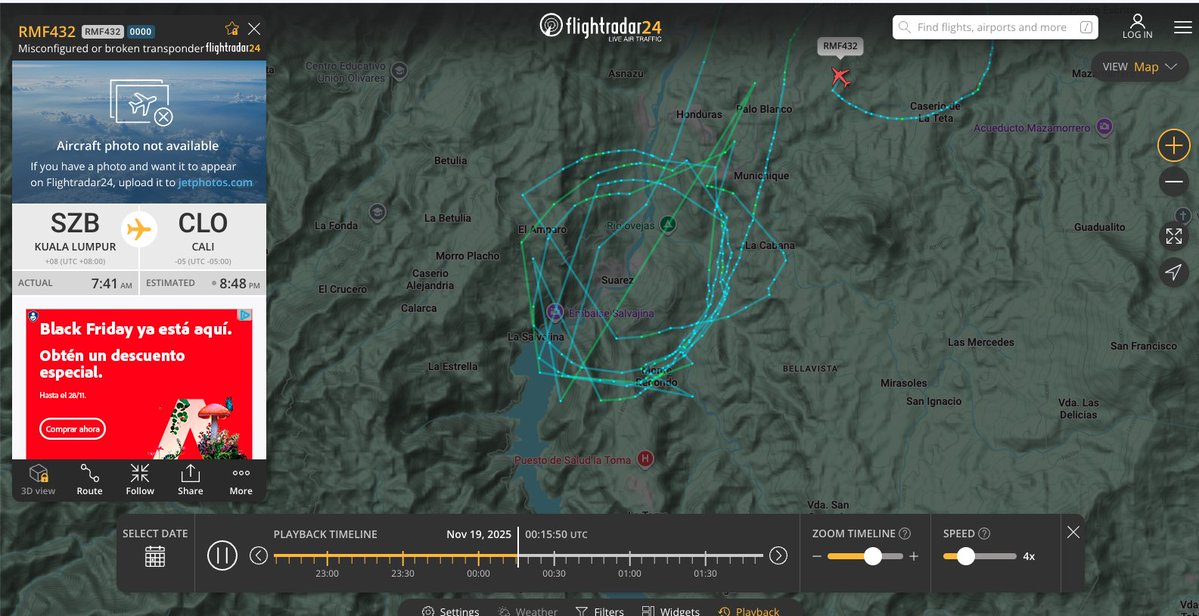 hyperconectado's tweet image. Alguien que sepa de aviación.  ¿Es posible saber qué aeronave es esta ?  Sobrevoló Suarez, Cauca, en la madrugada del 19 de noviembre.  Ese día hubo un ataque con Drones en esta zona. La aeronave es RMF432.
