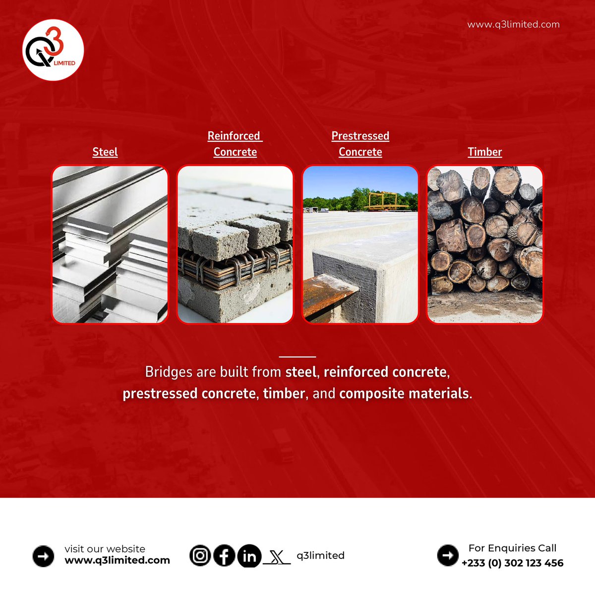 Q3CompanyLtd's tweet image. What are the materials used in the making of Bridges?#ModernStructures #InfrastructureDevelopment #engineeringinafrica 
#facts #q3ltd