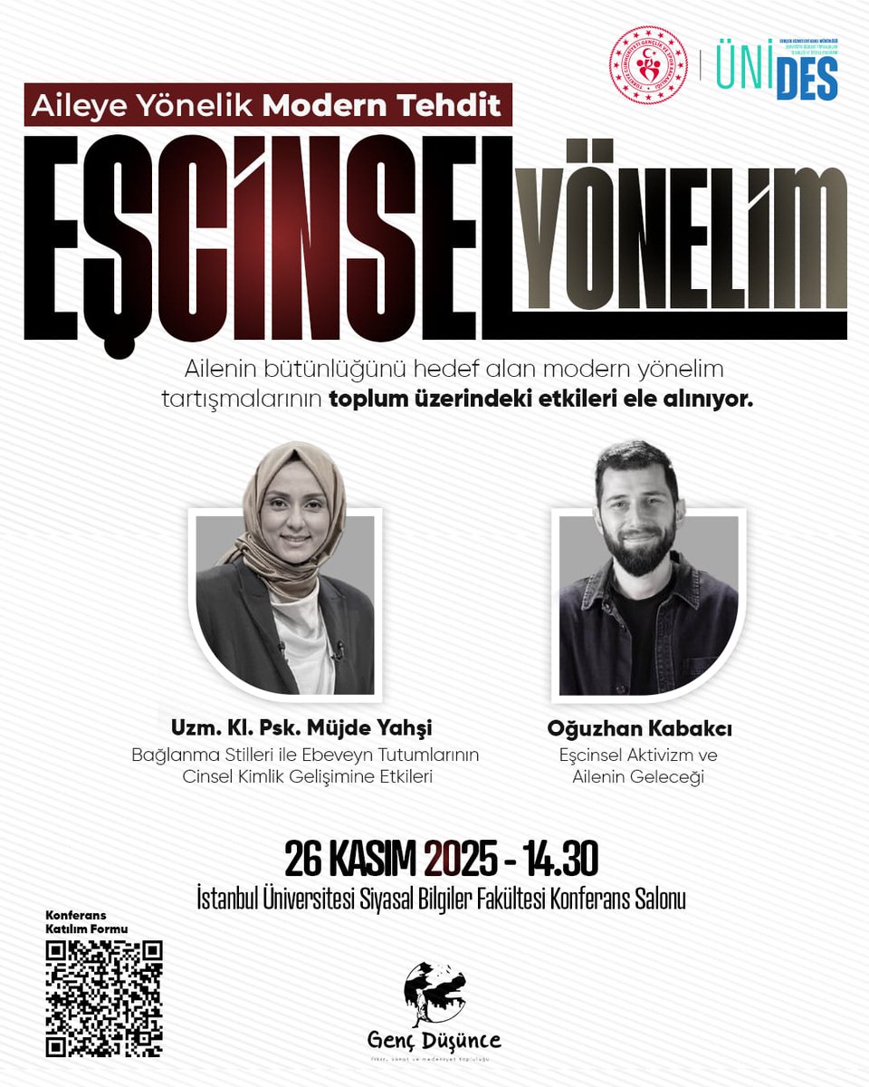 Ailenin bütünlüğünü hedef alan modern yönelim tartışmalarının toplum üzerindeki etkilerini mercek altına alıyoruz.

Uzman Klinik Psikolog Müjde Yahşi'den "Bağlanma Stillerinin ve Ebeveyn Tutumlarının Cinsel Kimlik Gelişimine Etkilerini" dinlerken, Oğuzhan Kabakcı ile "Aktivizm ve