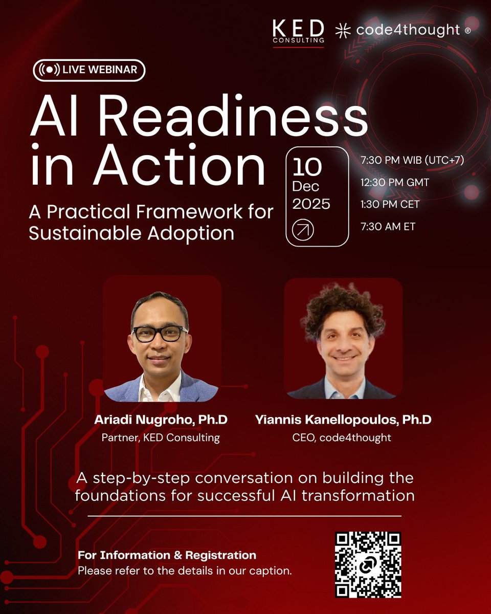 Code4thoughtE's tweet image. Adopting AI isn’t just about tech - it’s about readiness.
Join the “AI Readiness in Action” webinar on Dec 10 to explore a practical framework for sustainable AI transformation.

Join us here: bit.ly/49qmTaj 

#code4thought#AIReadiness#AITransformation