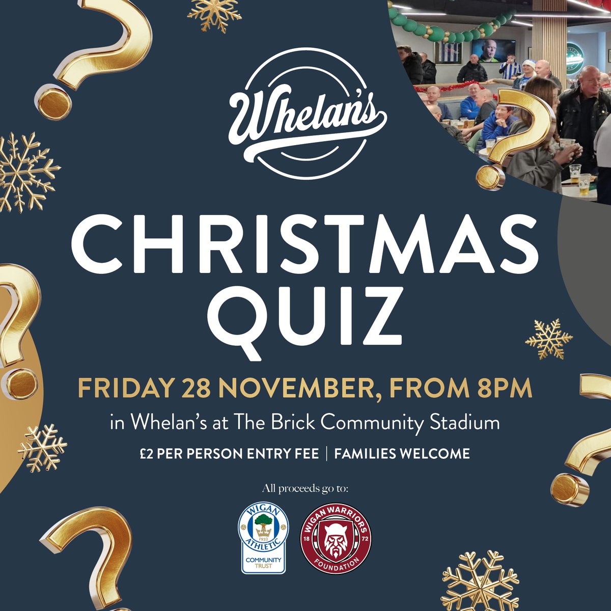 LaticsOfficial's tweet image. Fancy a night of festive fun? 🎄

💙 Whelan’s are hosting a Christmas Quiz tomorrow night, with all proceeds going to @LaticsCommunity and the @WiganWarriorsCF Foundation! 

#wafc 🔵⚪️