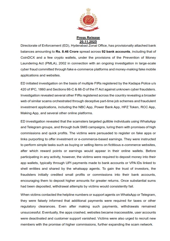 CryptooIndia's tweet photo. BREAKING: 🇮🇳 ED seizes ₹8.46 crore from 92 bank accounts including some linked to CoinDCX in a major cyber-fraud case.

Scammers stole ₹285 crore through fake job and investment apps and converted the money into USDT via Binance P2P, WazirX, Buyhatke and CoinDCX.

₹4.81 crore was routed through CoinDCX alone.