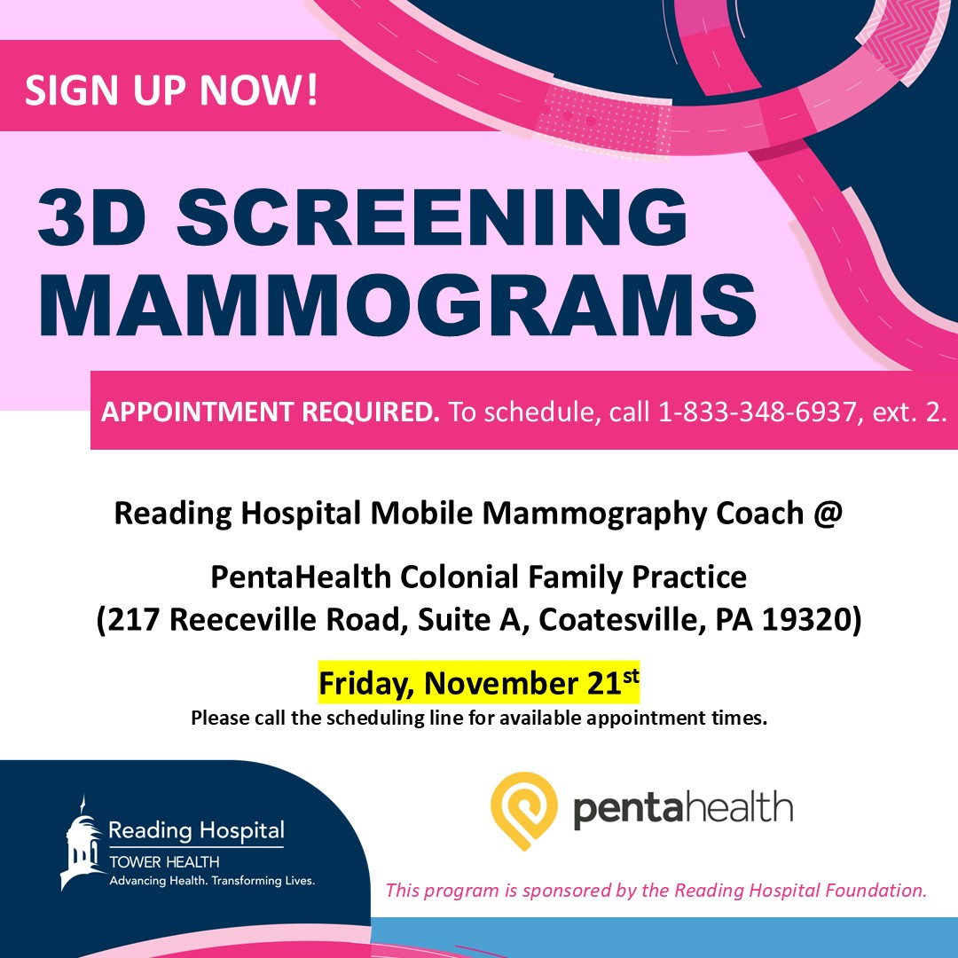 phdocs's tweet image. Tomorrow!

PentaHealth &amp;amp; Reading Hospital have partnered to bring 3D mammogram screenings to PentaHealth Colonial Family Practice on Friday, Nov 21st!

Event is open to all PentaHealth patients. Appts are required. Please call Tower Health at 1-833-348-6937, ext. 2 to register.