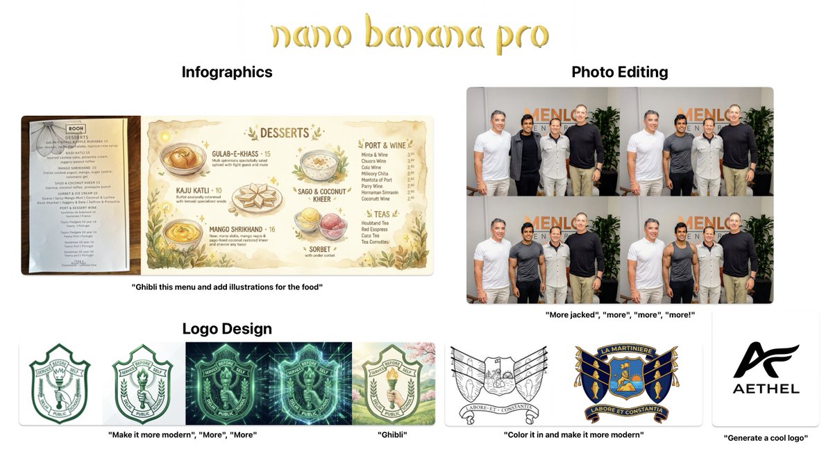 I genuinely can't even begin to explain how good Nano Banana Pro is.

— Infographics: Comic strips, menus, marketing, wedding invites, even fake receipts?!. This one-shots every thing I'd need Canva for.

— Logo Design: It one-shotted every single logo design I threw it. New