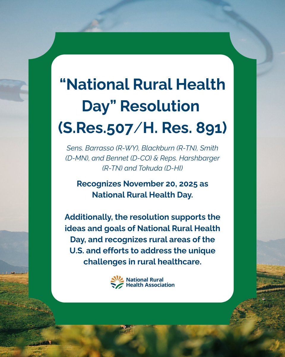 NRHA_Advocacy's tweet image. Happy #NationalRuralHealthDay! We are so grateful for all our advocates of #ruralhealth! 
We would like to highlight that yesterday, the Senate and House introduced #resolutions to recognize November 20, 2025 as National Rural Health Day!