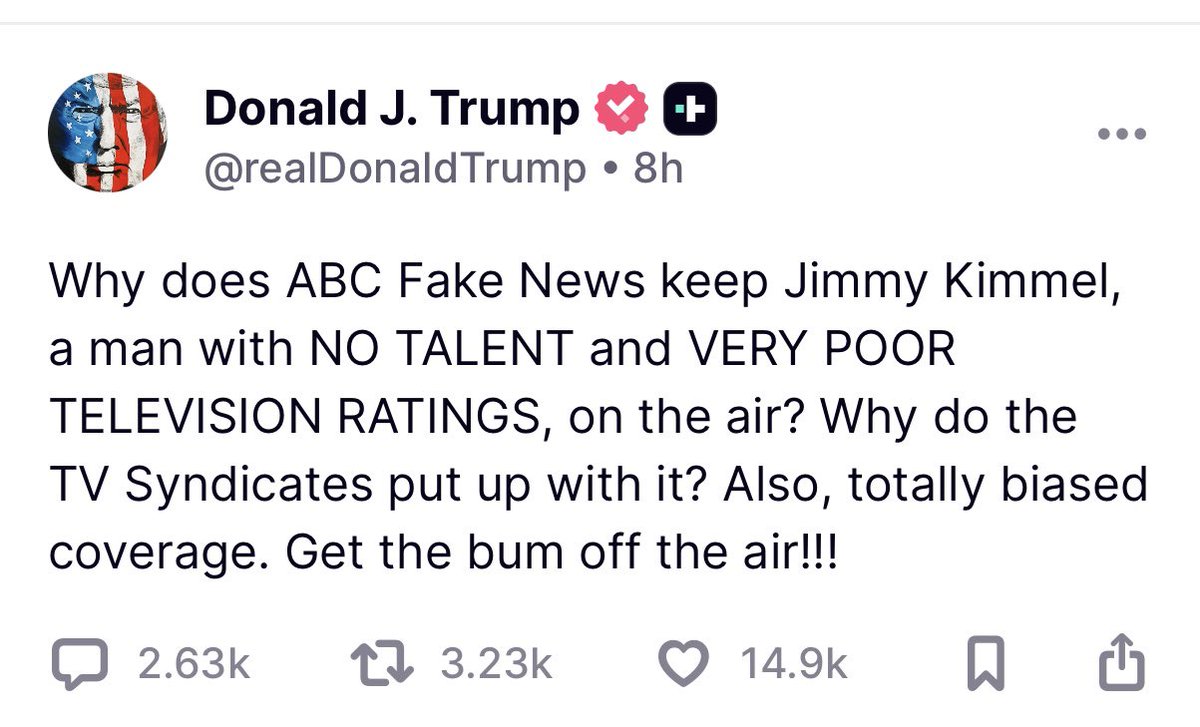 jaketapper's tweet image. POTUS on social media in the last few hours: 

* Calls for prosecution of Democrats who advised troops to not carry out “illegal orders”;
* Calls for network to fire comedian who makes fun of him;
* Posts AI video of him kicking ball a soccer star
* random quote praising himself