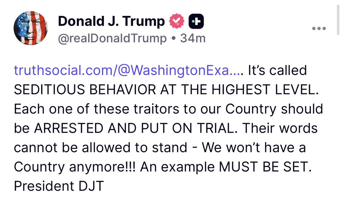 jaketapper's tweet image. POTUS on social media in the last few hours: 

* Calls for prosecution of Democrats who advised troops to not carry out “illegal orders”;
* Calls for network to fire comedian who makes fun of him;
* Posts AI video of him kicking ball a soccer star
* random quote praising himself