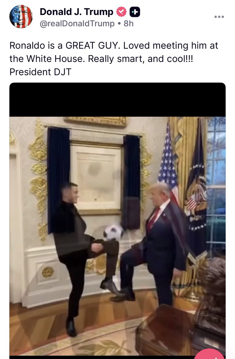 jaketapper's tweet image. POTUS on social media in the last few hours: 

* Calls for prosecution of Democrats who advised troops to not carry out “illegal orders”;
* Calls for network to fire comedian who makes fun of him;
* Posts AI video of him kicking ball a soccer star
* random quote praising himself