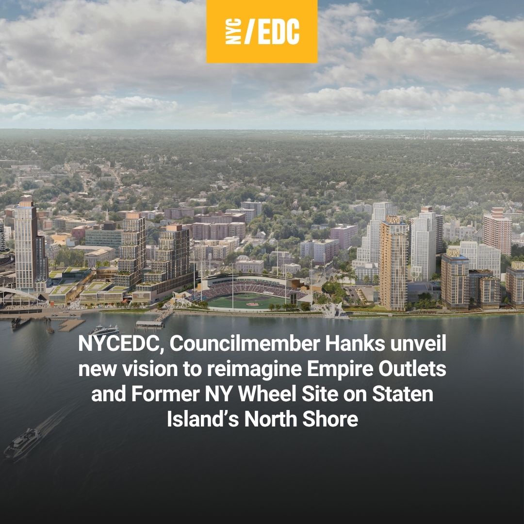 NYCEDC's tweet image. A new waterfront neighborhood is coming to Staten Island’s North Shore! We unveiled a new vision to reimagine the future of Empire Outlets and the Former NY Wheel Site that will create 2,5000 new homes, public space, community spaces and more.

For more: edc.nyc/press-release/…