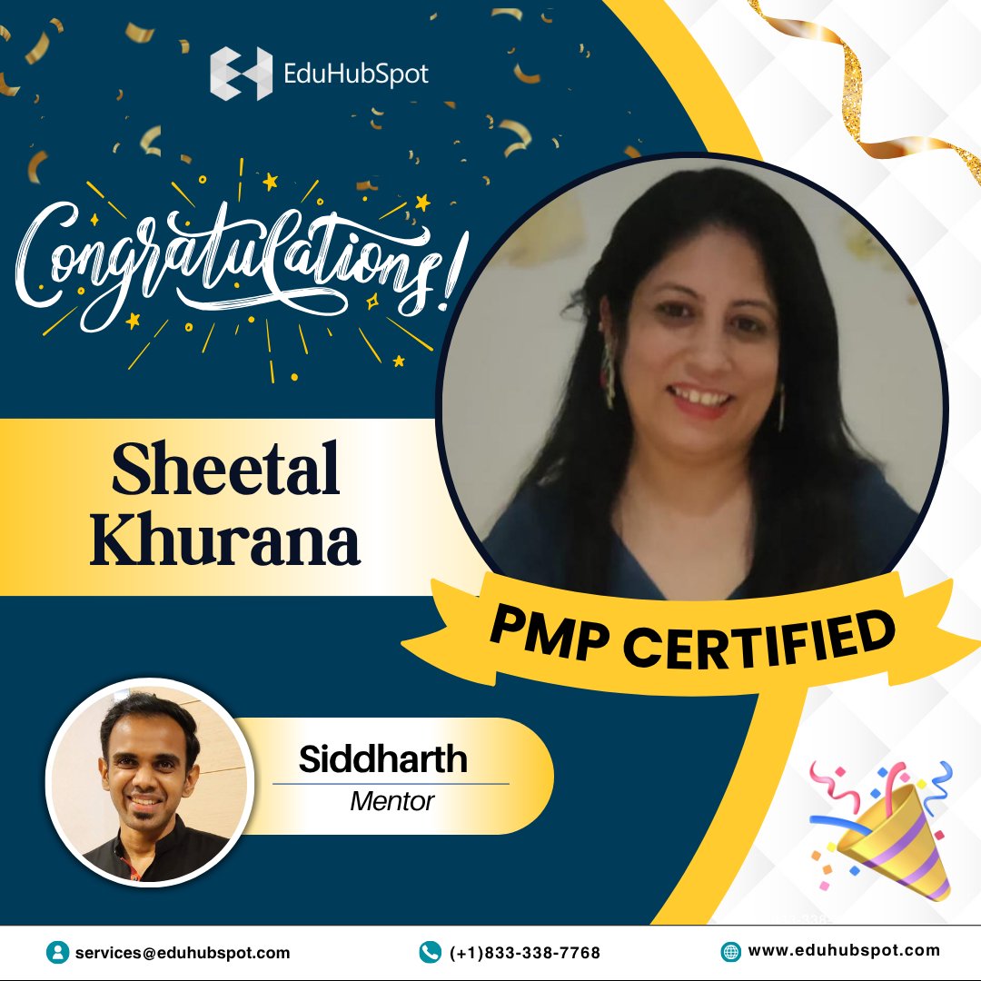 eduhubspot's tweet image. #SpotYourSuccess 🏆
Congratulations on achieving your PMP Certification, Sheetal Khurana! You have made us proud by achieving this certification. Wishing you more such milestones in the days to come!
 
Mentored by : Siddharth Sudhakaran PMI-PMP®PMI-ATP®

eduhubspot.com