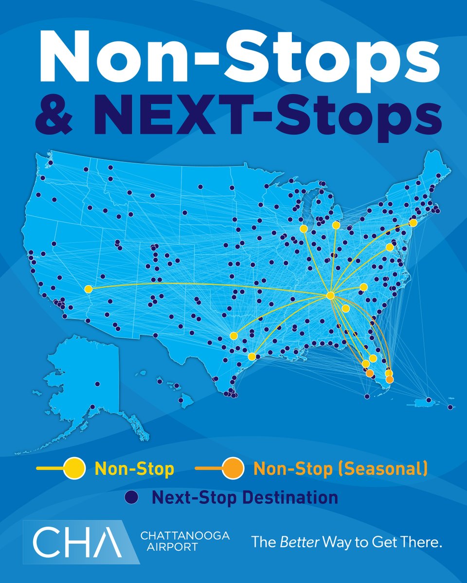 Here's an updated look at all of the non-stop and next stop destinations you can reach right from CHA✈️ 

Book your next adventure at tr.ee/chattanoogaair…