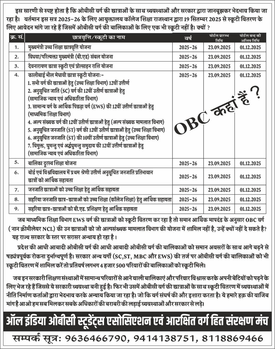 raju_balotra's tweet image. जब सरकार प्रतिवर्ष SC ST MBC और EWS वर्ग की छात्राओं को पृथक-पृथक योजनाओं से स्कूटी दे रही है तो ओबीसी वर्ग की छात्राओं को क्यों नहीं।
#ओबीसी_मांगे_स्कूटी 
#ओबीसी_मांगे_न्याय