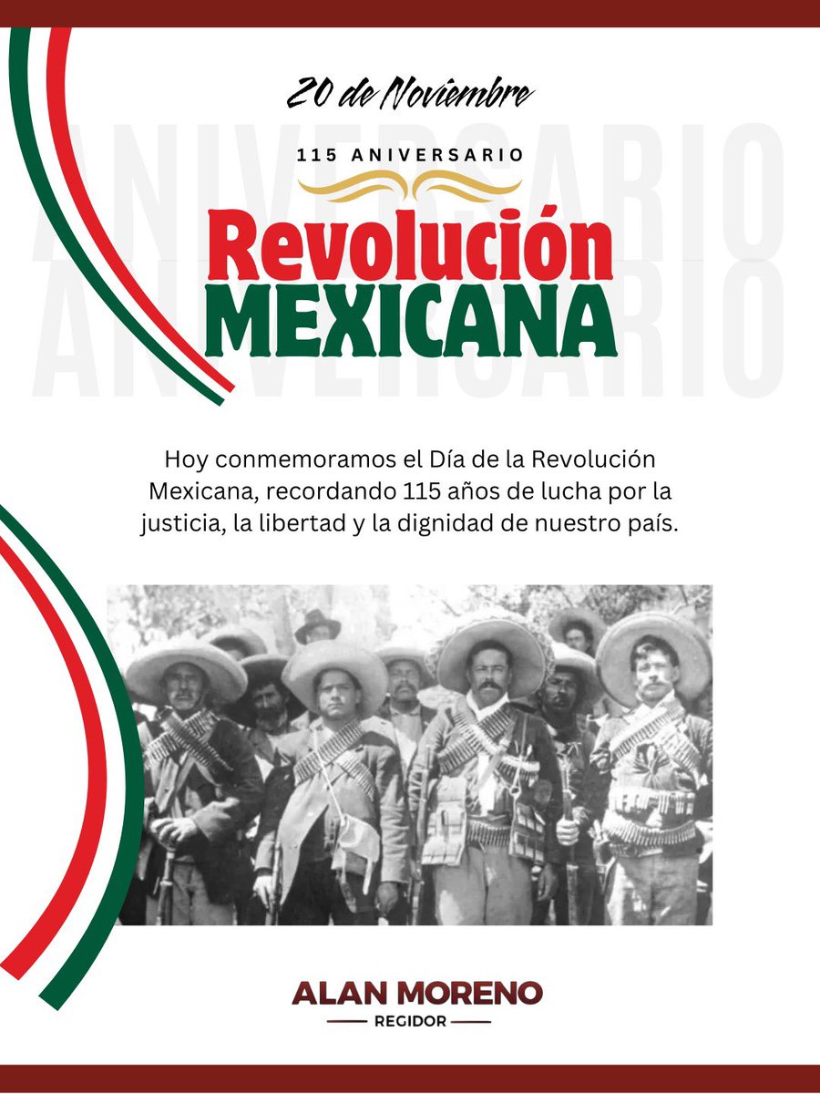 AlanMorenoDo's tweet photo. Hoy conmemoramos 115 años de la Revolución Mexicana, recordando a quienes lucharon por justicia e igualdad. Reafirmamos nuestro compromiso con un México más libre y con oportunidades para todas y todos.

#DíaDeLaRevoluciónMexicana #115Aniversario #20DeNoviembre #Cuernavaca https://t.co/Zo4gYsLFNA