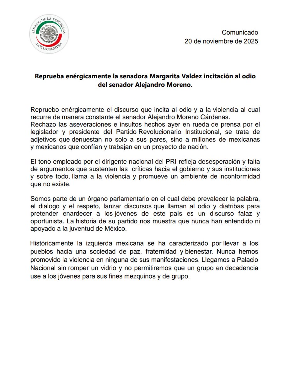 SenadoraV's tweet image. Repruebo el discurso de odio y violencia de @alitomorenoc. Sus insultos y descalificaciones reflejan desesperación, no argumentos. En el Senado debe prevalecer la palabra y el respeto; recurrir a amenazas violentas para “hablar” a los jóvenes es falaz y oportunista.