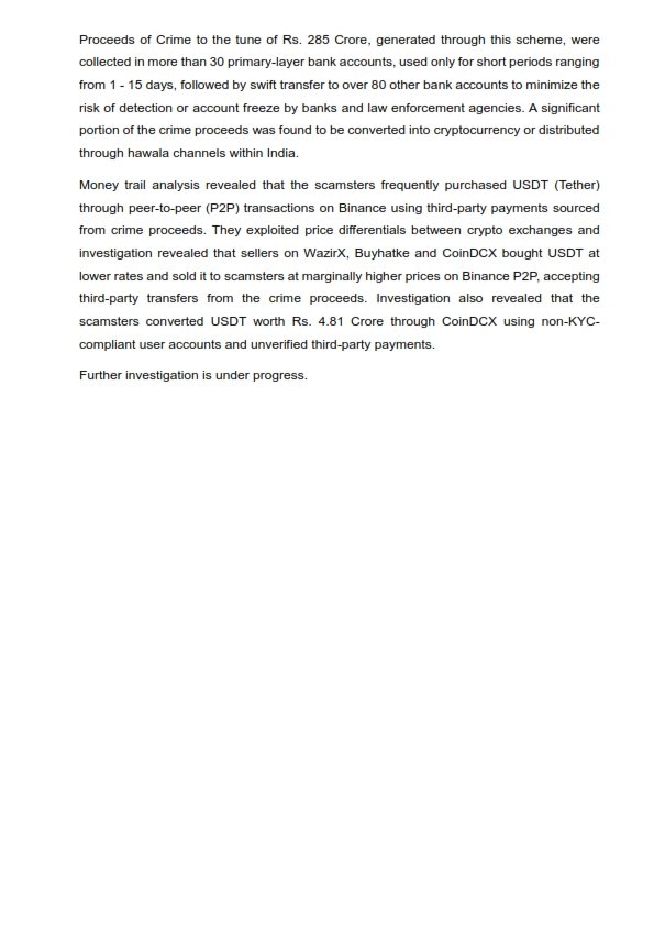 CryptooIndia's tweet photo. BREAKING: 🇮🇳 ED seizes ₹8.46 crore from 92 bank accounts including some linked to CoinDCX in a major cyber-fraud case.

Scammers stole ₹285 crore through fake job and investment apps and converted the money into USDT via Binance P2P, WazirX, Buyhatke and CoinDCX.

₹4.81 crore was routed through CoinDCX alone.