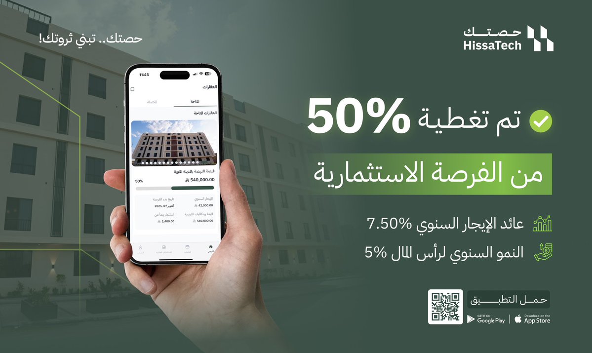 تملك جزئي، توزيع شهري، نمو سنوي 📈

ابدأ الاستثمار الآن
hissatech.sa/app