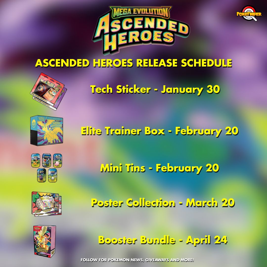 PokemonFindr's tweet image. 🚨 Ascended Heroes Release Schedule

Ascended Heroes Official Release Dates! Products Will Release On a Staggered Schedule

#Pokemon #PokemonTCG
