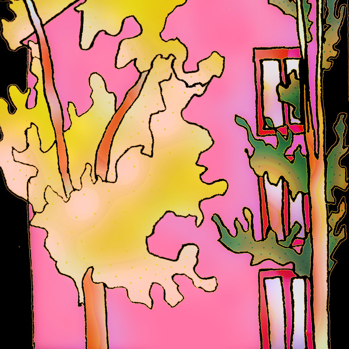 a yellow tree and a green tree against a pink wall