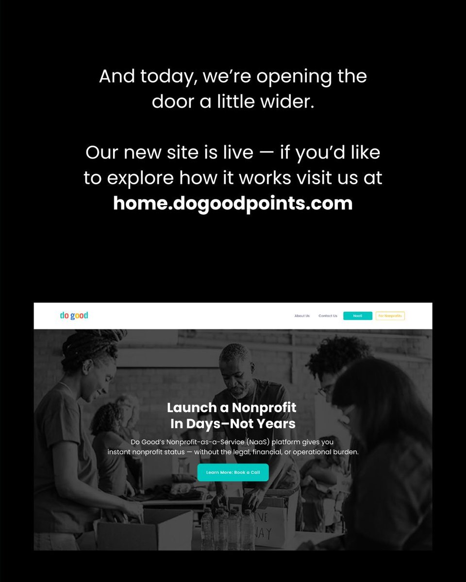 DoGoodPoints's tweet image. 🚀 We just launched our new NaaS website!

Starting a nonprofit is complicated.
NaaS is the solution.

🌐 Explore the new site → home.dogoodpoints.com
📞 Book a call to learn more.

#NaaS #DoGood #WebsiteLaunch #SocialImpact #fiscalsponsorship #nonprofit #BusinessSolutions
