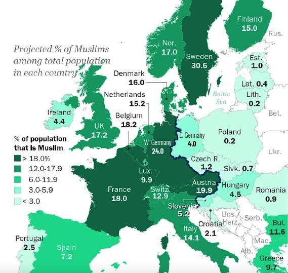 theepicmap's tweet image. Muslim Population in European Countries in 2050

🇸🇪 Sweden: 31.2% 
🇦🇹 Austria: 20.5% 
🇩🇪 Germany: 20.1% 
🇧🇪 Belgium: 19.2 % 
🇫🇷 France: 19% 
🇬🇧 UK: 17.2% 
🇳🇴 Norway: 17% 
🇩🇰 Denmark: 16% 
🇳🇱 The Netherlands: 15.2% 
🇫🇮 Finland: 15% 
🇮🇹 Italy: 14.1% 
🇨🇭 Switzerland: 12.9% 
🇬🇷…