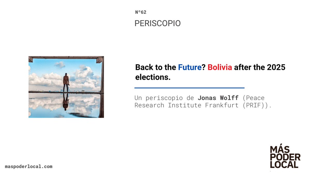 MasPoderLocal's tweet image. 👉"Back to the Future? Bolivia after the 2025 elections".

Un periscopio de Jonas Wolff (Peace Research Institute Frankfurt (PRIF)).

🔗Disponible en: doi.org/10.56151/maspo…