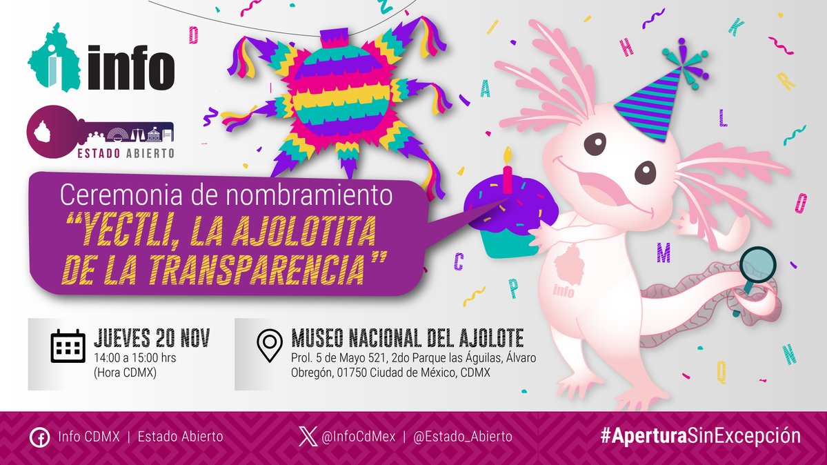 Estado_Abierto's tweet image. #AperturaSinExcepción | ¡YA estamos listas con Yectli  “La Ajolotita de la Transparencia”! 🙌

📅HOY |⏰ 14:00 hrs
📍 Museo Nacional del Ajolote