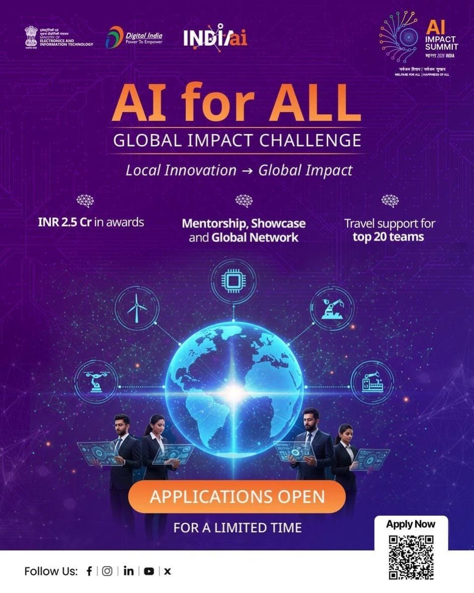 indiainalgeria's tweet image. 🌎 #AIforALL – Global Impact Challenge Driving scalable change with deployable AI solutions across healthcare, agriculture, education, fintech, and more.

💡 Who can participate? 
Researchers, innovators, and companies with pilot‑ready AI solutions that can deliver global impact.…