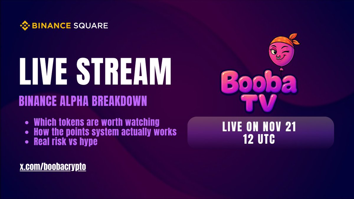 boobacrypto's tweet image. 🟣 BoobaTV LIVE Anouncement

Binance Alpha breakdown - the platform most traders scroll past without realizing it&apos;s literally early access to tokens before exchange listings

We&apos;re reviewing highlighted tokens, discussing liquidity risks, checking which narratives Binance is…