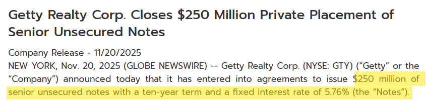 RealAssetsValue's tweet image. $GTY private placement of $250m of senior unsecured notes, 10-year term, 5.76% or T+155bps. Small net lease REIT, cuspy credit (Fitch BBB-). Buying assets around ~8% cap.