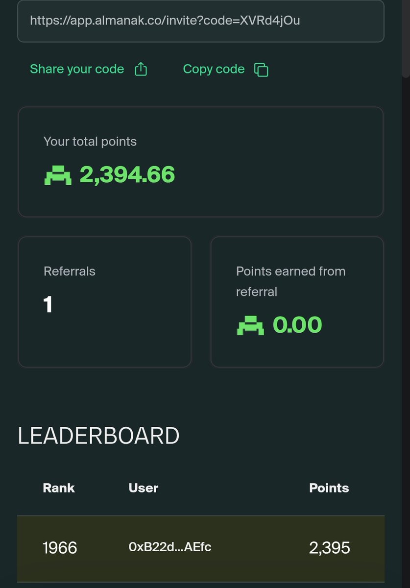 gAlmanak fam 
I got approximately 2,400 <a href="/almanak/">Almanak</a> points bagged internally. 
I'm also now effectively among the top 2k rank on the points LB, but I've been losing mindshare on cookie. 
I'm genuinely stressed out over this and I'm very close to giving up at this point. How exactly