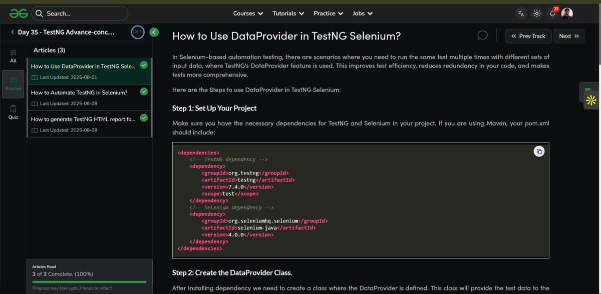 Dhyeychauhan3's tweet image. Day 35 of my #SoftwareTesting SkillUp Journey with
@geeksforgeeks 🚀
🧠 Used DataProvider in TestNG for data-driven tests
⚙️ Explored automating TestNG with Selenium
📊 Learned to generate TestNG HTML test reports

#skillupwithgfg #nationskillup
🔗 lnkd.in/gMiiW3_n