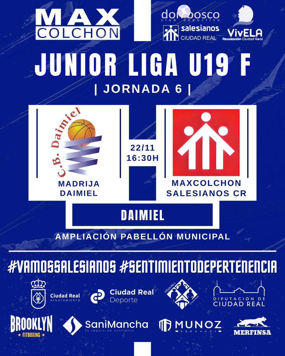 🗣️|PARTIDOS|💙

🛫🅂🄴🄽🄸🄾🅁⚽
🆚 <a href="/Villacanasfs/">VILLACAÑAS F.S.</a>
🗓️ 21/11 - 21:30h 🕤

🛫🄹🅄🅅🄴🄽🄸🄻⚽
🆚 <a href="/DaimielFutSala/">Codaitrans Daimiel Fútbol Sala</a>
🗓️ 22/11 - 20:30h 🕣

🛫🄹🅄🄽🄸🄾🅁🏀
🆚 <a href="/CBDaimiel/">CBDaimiel</a>
🗓️ 22/11 - 16:30h 🕟

💪🏻 Salidas complicadas para nuestros equipos, que lo darán todo para traerse la victoria‼️✅