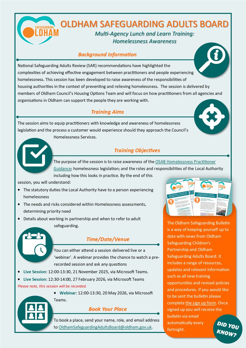 For day 5⃣ of #SafeguardingAdultsWeek <a href="/SafeguardOldham/">Safeguarding Oldham</a> is focusing on homelessness and raising awareness of the responsibilities of housing authorities.

Expand Your Expertise: Read the Guidance. Join Lunch &amp; Learn Training. Make a Difference: osab.org.uk/post/?permalin…

#SAW2025