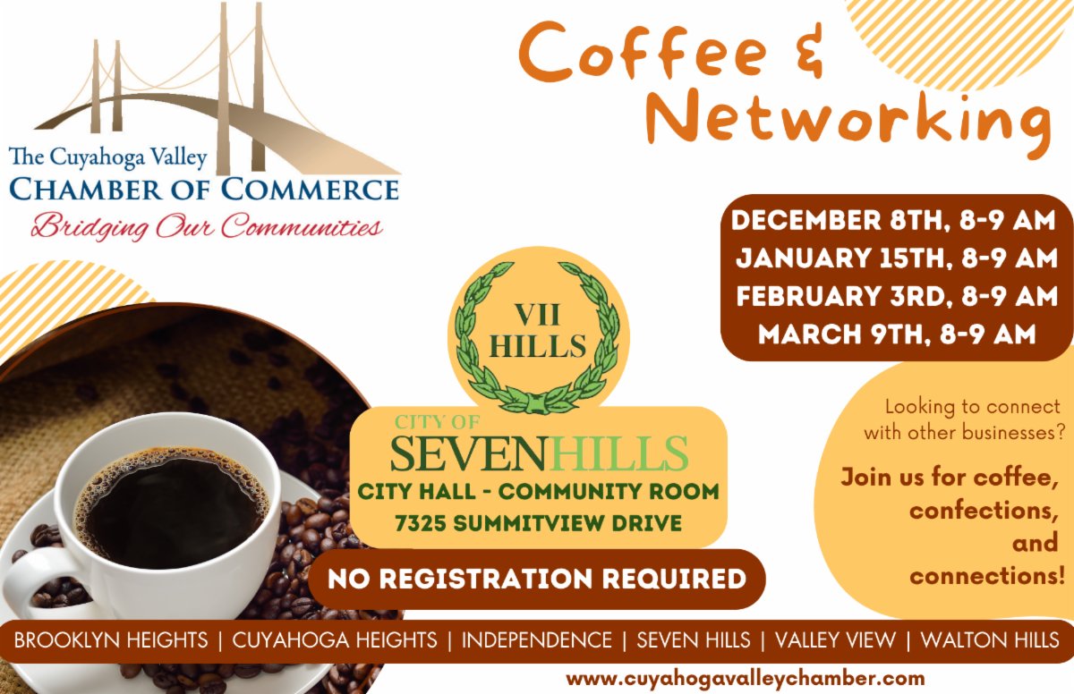 ☕ The Cuyahoga Valley Chamber of Commerce will be hosting several upcoming Coffee &amp; Networking events. You do not have to be a member to participate!

#Networking #B2B #CoffeeAndConnections #opportunity #community