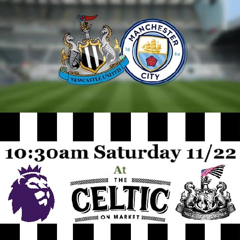 Join us Saturday🇮🇪<a href="/CelticonMarket/">Celtic on Market & OTB</a>🍻 for #NEWMCI🏴🏳️ Sleep in, then cheer on the TOON with us <a href="/mackjpo13/">Mack Poulson</a>  <a href="/cliveybear/">david cook</a> @petercope1 <a href="/bazza080808/">EDDIE HOWES MAGS</a> <a href="/SkySports_Keith/">Keith Downie</a> <a href="/warrenbarton2/">Warren Barton</a> <a href="/GallowgateShots/">GallowgateShots #NUFC</a> <a href="/worflags/">Wor Flags 🏴🏳</a> <a href="/ComingHomeNUFC/">Coming Home Newcastle</a> <a href="/PLinUSA/">Premier League USA</a> <a href="/NUFCinUSA/">NUFCinUSA</a> <a href="/NBCSportsSoccer/">NBC Sports Soccer</a> <a href="/Magpie24_7/">Magpie 24/7</a> #NUFC #HWTL⚽