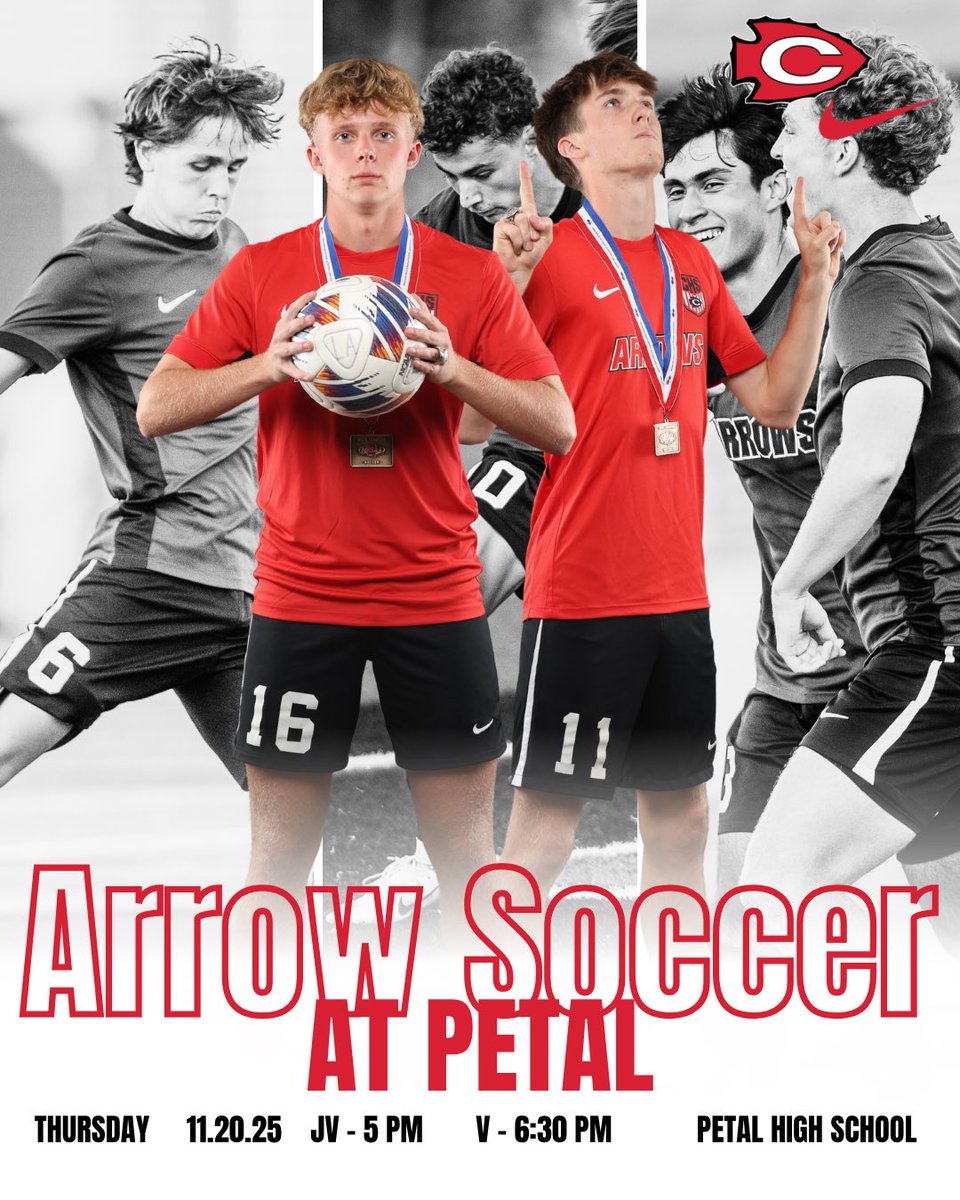 ⚽️ARROW SOCCER GAMEDAY⚽️

🆚 Petal
🕖 5 p.m. (JV) / 6:30 p.m.
📍Petal High School