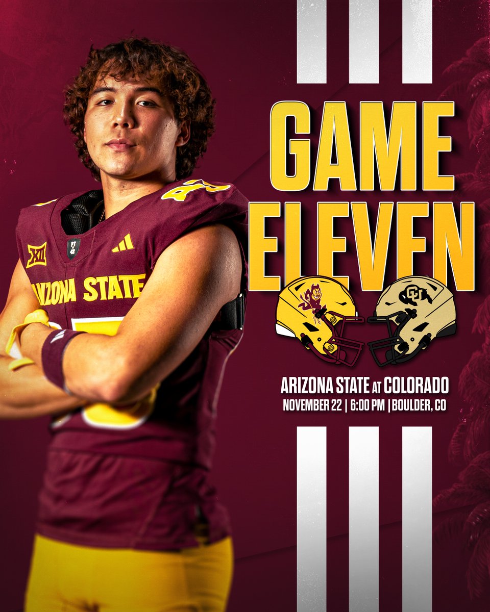 ASUFootball's tweet photo. Back on the road for game 1️⃣1️⃣

🆚: Colorado
🗓️: November 22 
⏰: 6:00 PM
📍: Boulder, CO
📺: ESPN 2
🎧: AZ Sports 98.7 FM https://t.co/8lO5Uchzbo