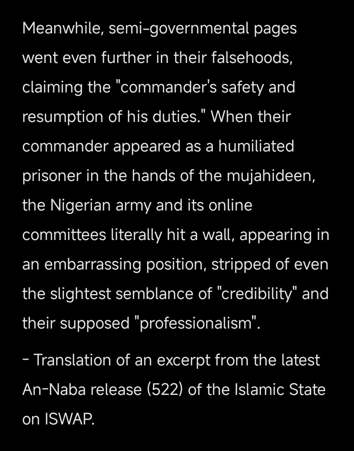 BrantPhilip_'s tweet image. ISWAP continues to taunt the Nigerian government, stating that the army lost all credibility by denying the disappearance of General Musa Uba, and mocks them for trying to blame the media, excerpt from the ISWAP statements below.